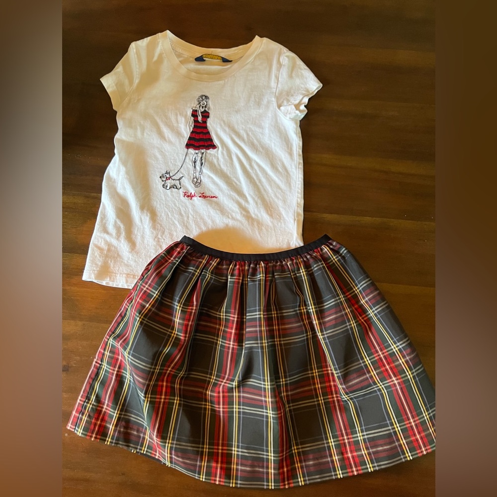 Ralph Lauren size 5 top skirt outfit plaid tartan twirl skirt logo tshirt